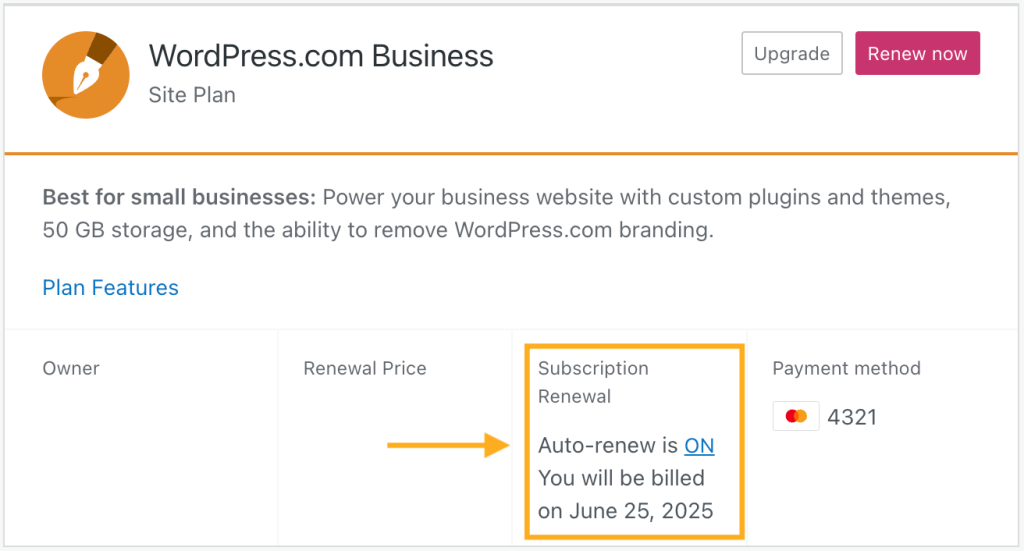 An arrow points to the subscription renewal section where automatic renewal is in the on position.