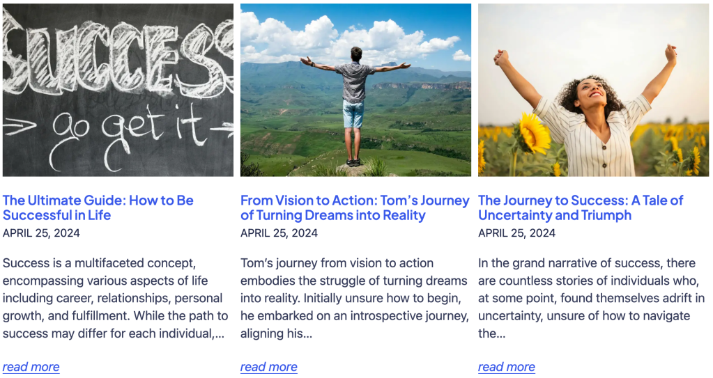 Three featured images, with a blog post title, post date, excerpt, and read more link. 