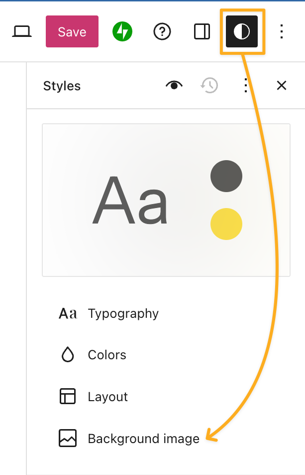 A box drawn around the Styles icon in the Site Editor, with an arrow from the icon to the "Background image" option.