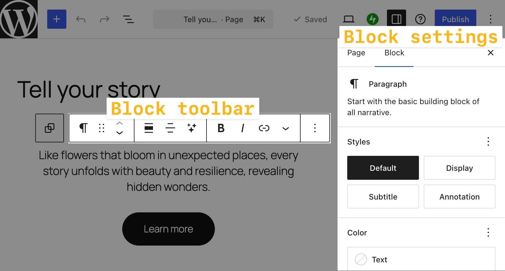 The WordPress Editor with an Image block selected. The Block Toolbar above the image and the Block Settings to the right of the Editor are highlighted.